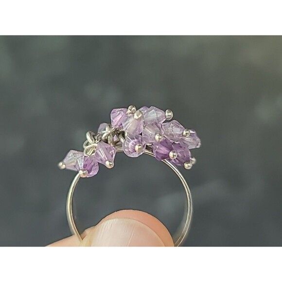 950 Silver Purple Plastic Beaded Cha Cha Ring Vintage, SIZE US 10 - Picture 6 of 10